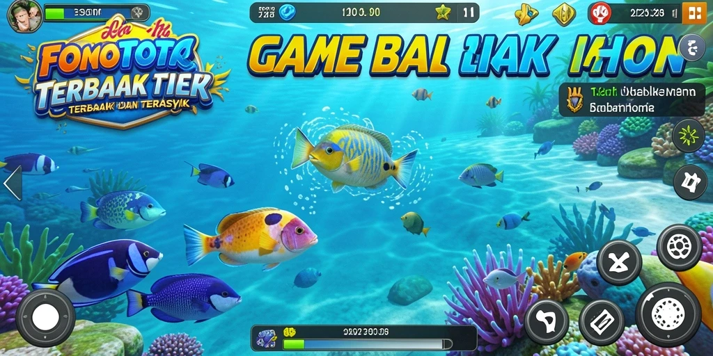 Tampilan gameplay menarik di FOMOTOTO dengan berbagai ikan berwarna-warni.