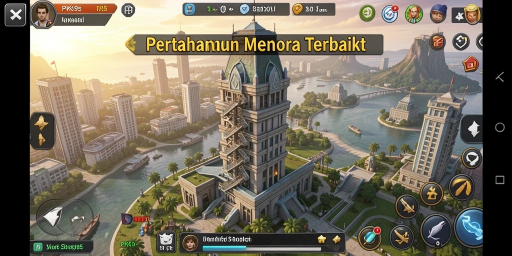 Tangkapan layar gameplay PK95 menampilkan menara yang kuat melawan gelombang musuh.