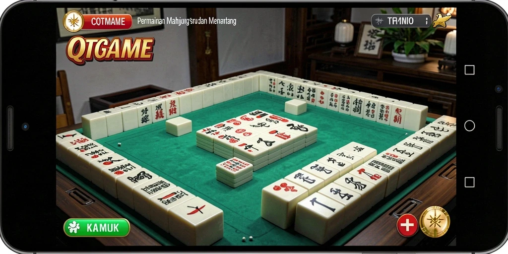 Tampilan gameplay QTGAME dengan ubin Mahjong yang berwarna-warni dan menarik.