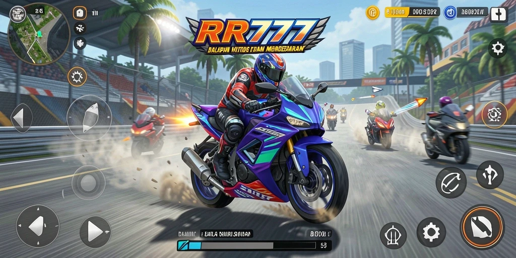 Tampilan seru dari gameplay balapan motor di RR777.